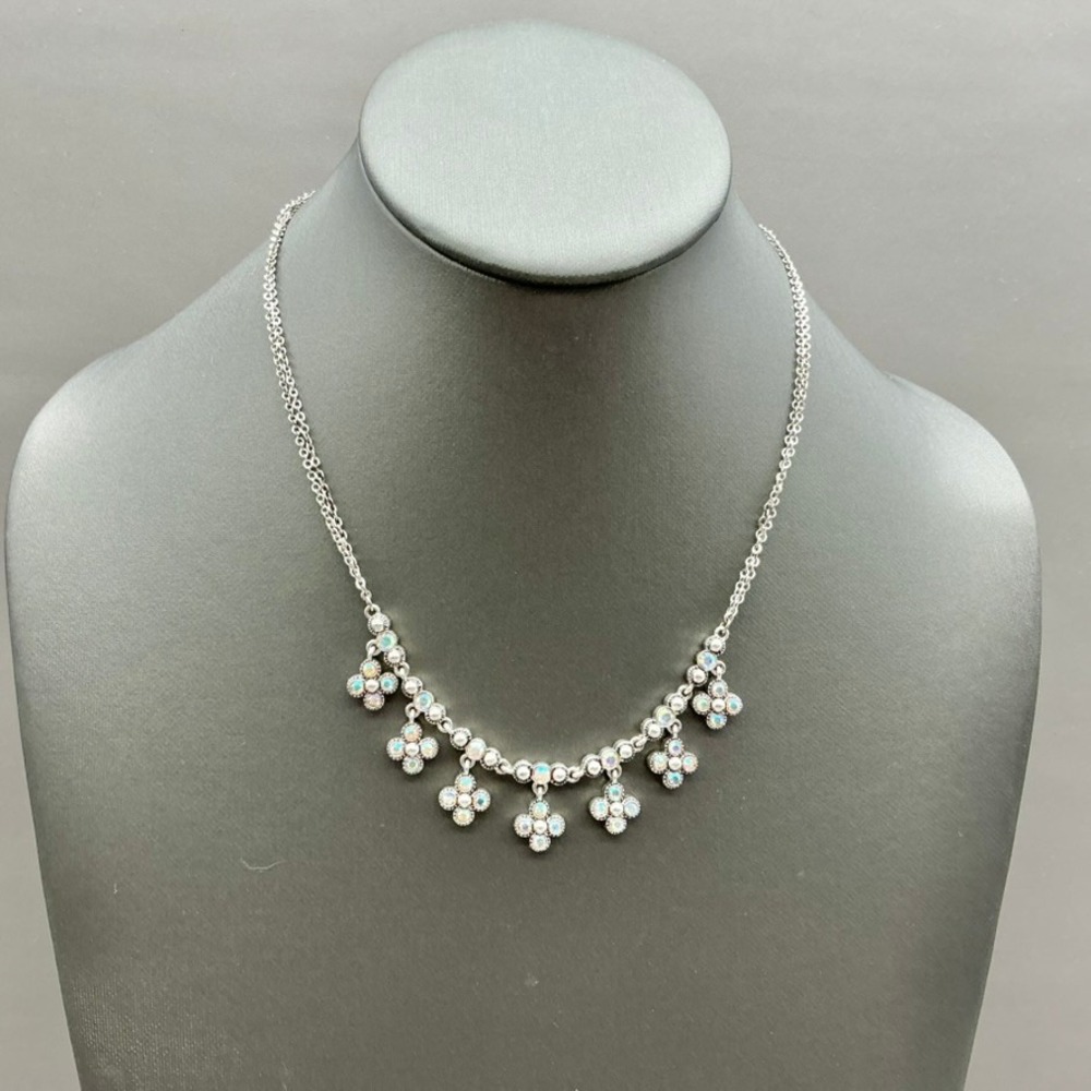 Napier Necklace Women Silver Tone AB Rhinestone Floral Cluster Double Chain 16"